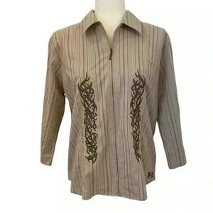 Harley Davidson Womens Y2k Striped Embroidered Shirt Size Large Full Zip Brown
